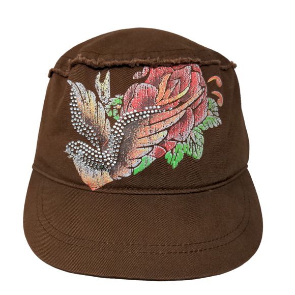 Unbranded Women's Cadet Cap Brown Size OSFA 100% Cotton Rhinestone Bird Logo - Picture 1 of 7